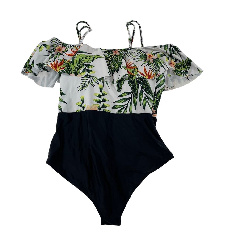 Tropical Ruffle One Piece Swimsuit Tropical Off Shoulder Black White L Women
